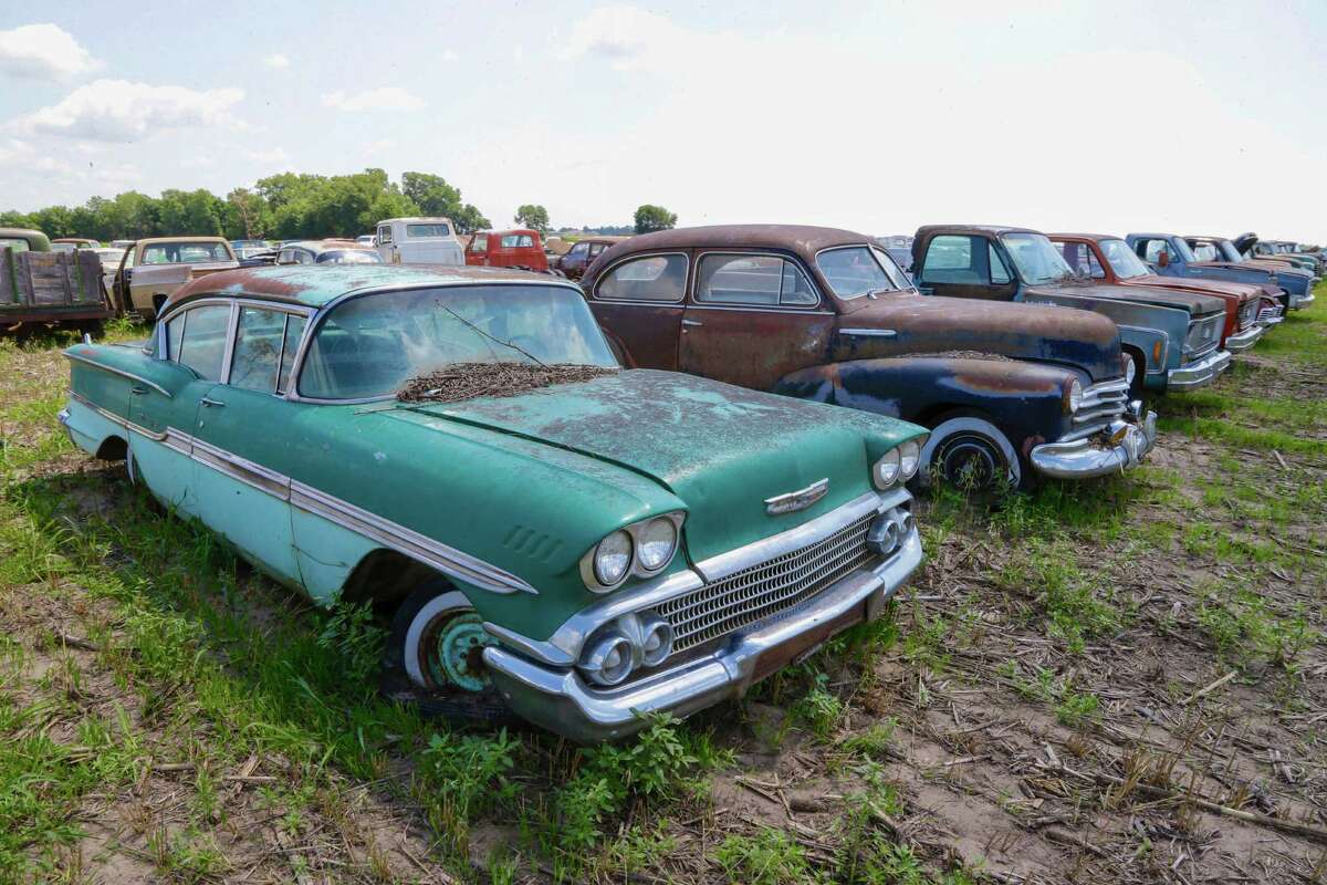 In this Aug. 12, 2013 photo, a 1958 Chevrolet Biscayne is lined up with others at a field near the former Lambrecht Chevrolet car dealership in Pierce, Neb. Next month, bidders from at least a dozen countries and all 50 U.S. states will converge on Pierce, a town of about 1,800 in northeast Nebraska, for a two-day auction that will feature about 500 old cars and trucks, mostly Chevrolets that went unsold during the dealership’s five decades in business. About 50 have fewer than 20 miles on the odometer, and some are so rare that no one has established a price. The most valuable could fetch six-figure bids. (AP Photo/Nati Harnik) ORG XMIT: NENH105