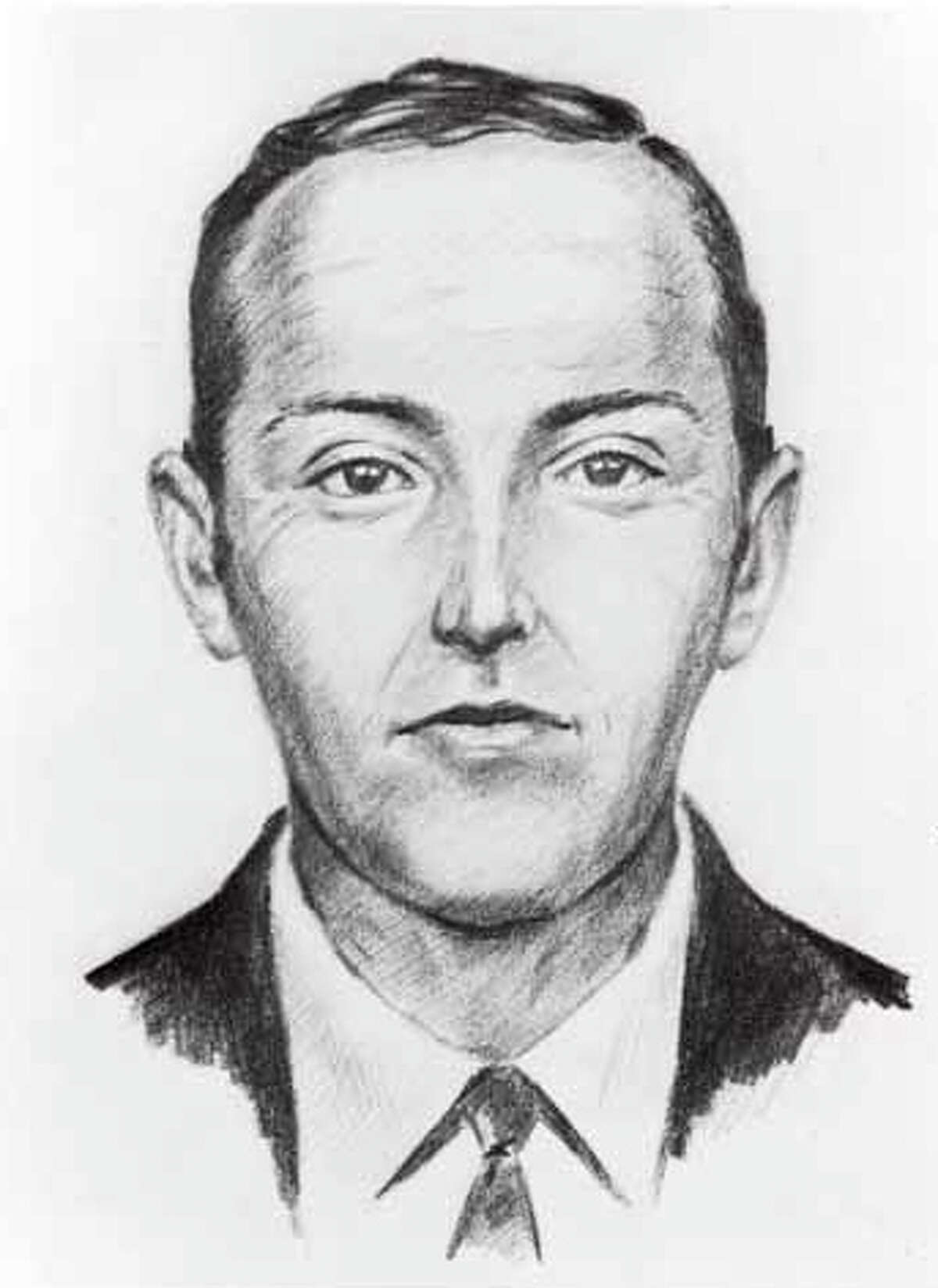 Digital photograph showing an artist conceptual sketch of "Dan Cooper" aka DB Cooper, who hijacked Northwest Orient Airlines flight 305 on November 24, 1971. Black and white drawing shows a white male with short hair, wearing a suit and necktie.
