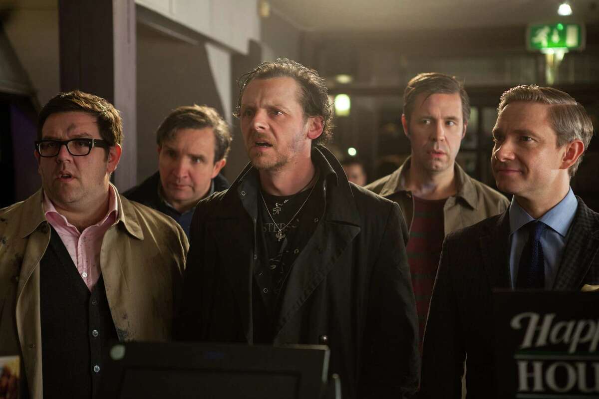 This film publicity image released by Focus Features shows, from left, Nick Frost, Eddie Marsan, Simon Pegg, Paddy Considine and Martin Freeman in a scene from "The World's End." (AP Photo/Focus Features, Laurie Sparham) ORG XMIT: NYET832