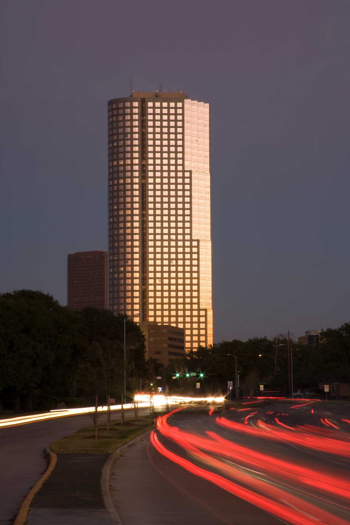 Skyline of Houston, as seen from the roof of the 41-story Marathon Oil  Tower, headquarters building of the Marathon Oil Corporation, located  several miles west of downtown Houston, Texas