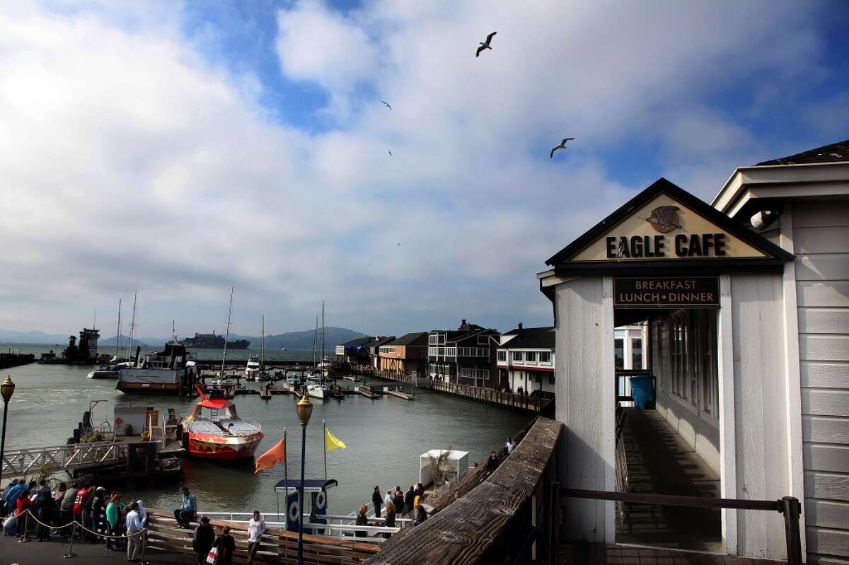 A view of the harbor and Eagle Cafe seen at Pier 39 in San Francisco.
