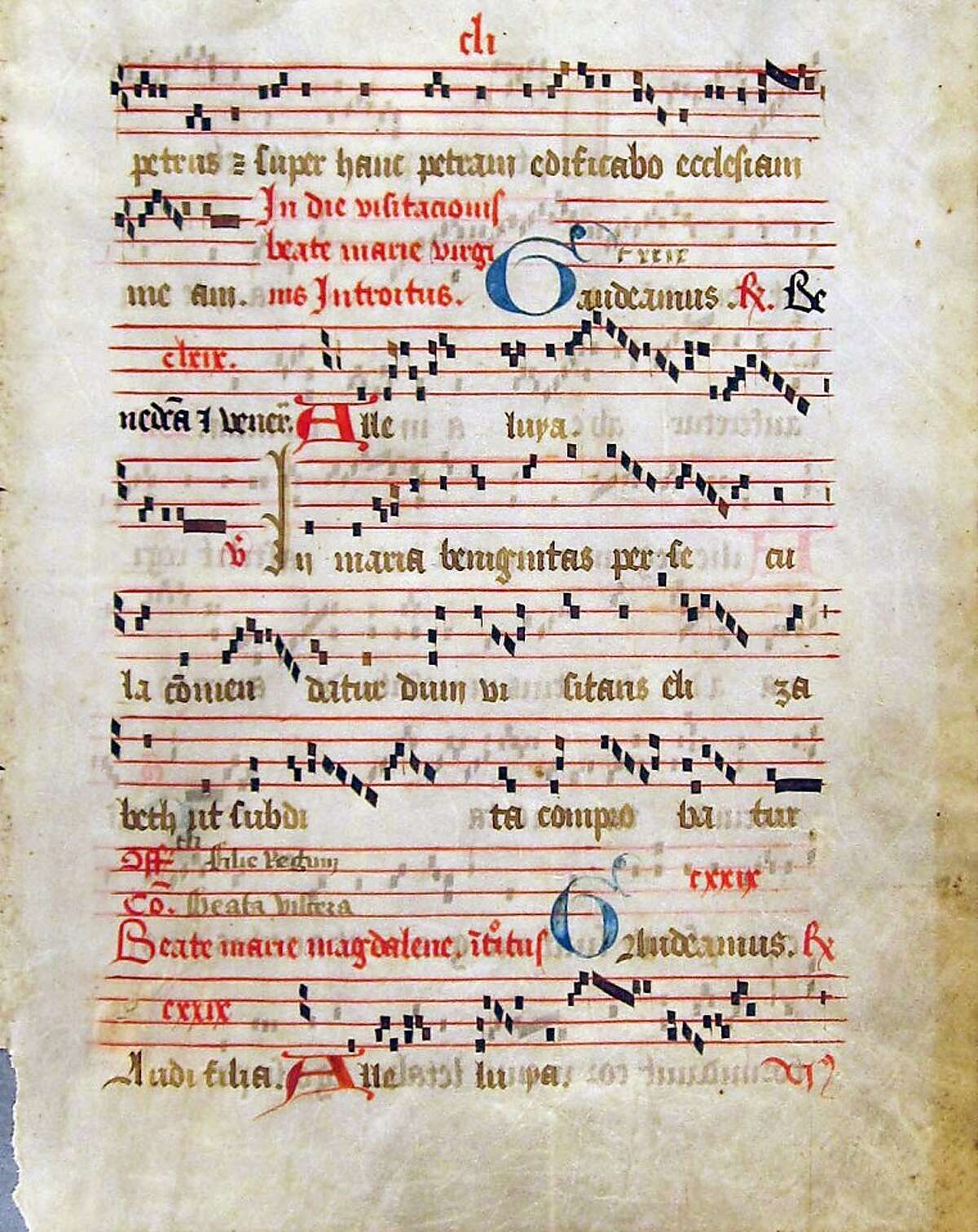 A hand-illuminated parchment page of Gregorian chant from a 15th French choir book will be on view in "The Illuminated Library" at San Francisco State University's Fine Arts Gallery. Courtesy the Frank V. de Bellis Collection at the SFSU's J. Paul Leonard Library.