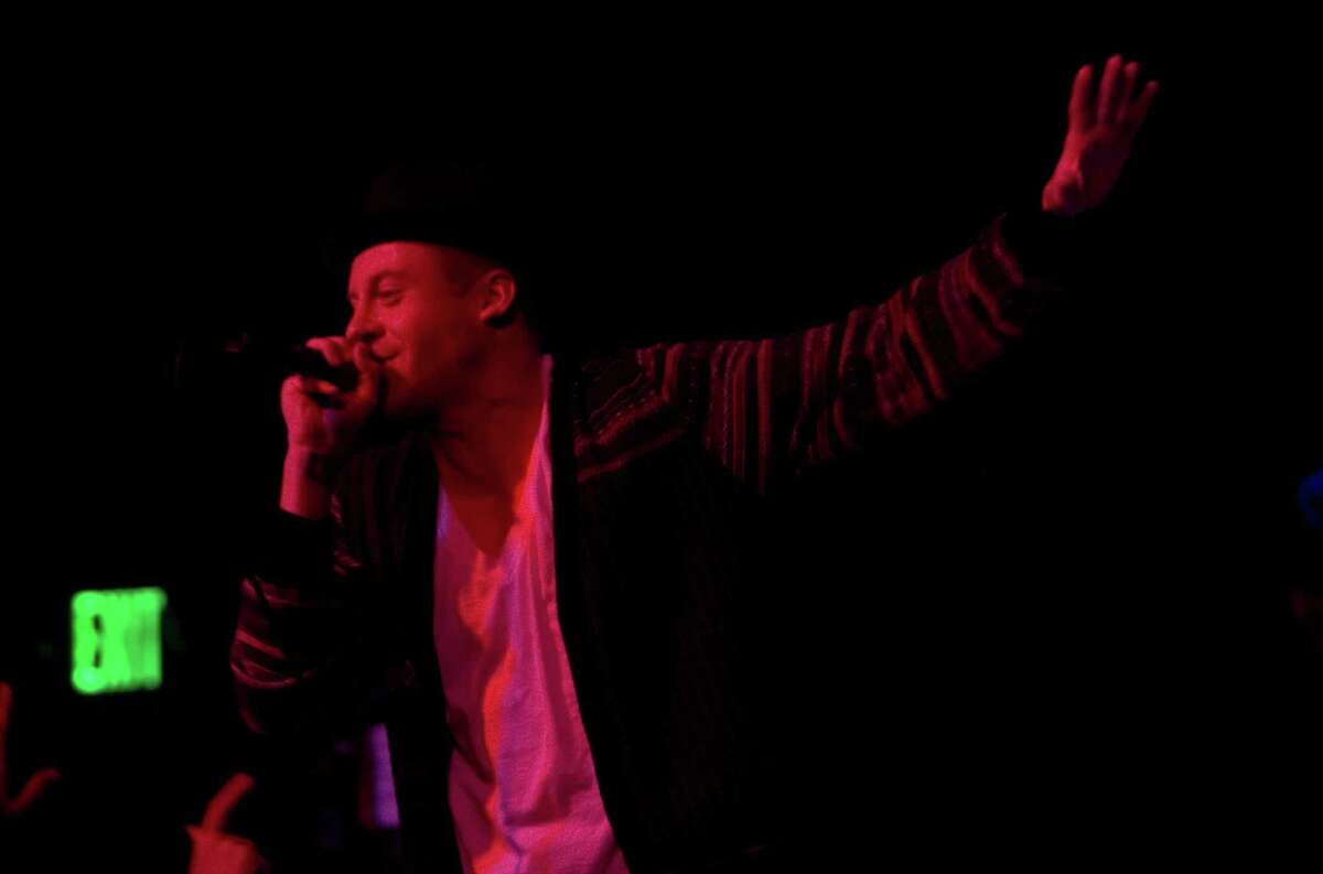 Seattle hip-hop artist Macklemore and his DJ Ryan Lewis performing at Showbox at the Market in Seattle on March 28, 2010, before Blue Scholars.