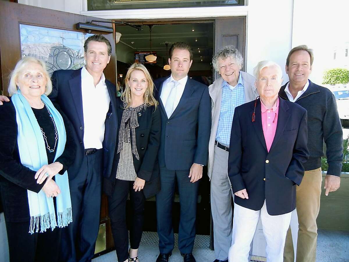 Pat Kelley (at left) celebrates the Balboa Cafe's 100th anniversary with PlumpJack founder Gavin Newsom, his sister Hilary Newsom Callan, cousin Jeremy Scherer, Gordon Getty, Bill Newsom and PlumpJack winemaker John Conover. August 2013. By Catherine Bigelow