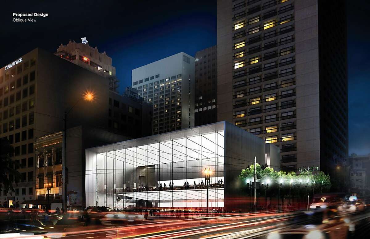 The revised design for the proposed Apple Store at Union Square preserves the Ruth Asawa fountain now on the site while adding a recessed glass bay along the formerly solid Stockton Street wall. Images of the design by Foster + Partners were submitted by Apple last week to the San Francisco Planning Department.