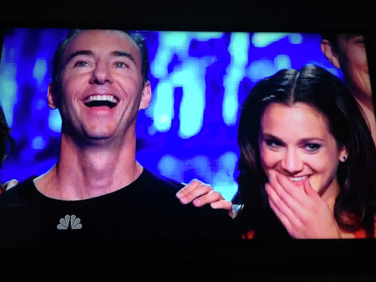 Adam Battelstein and Rebecca Moore react as judges praise Catapult Entertainment's shadow dancing performance on a previous episode of NBC TV's "America's Got Talent." Battelstein, of Kent, created the troupe in 2008 and is its director. Moore, an instructor at FineLine Theatre Arts in New Milford, is among Catapult Entertainment's dancers.