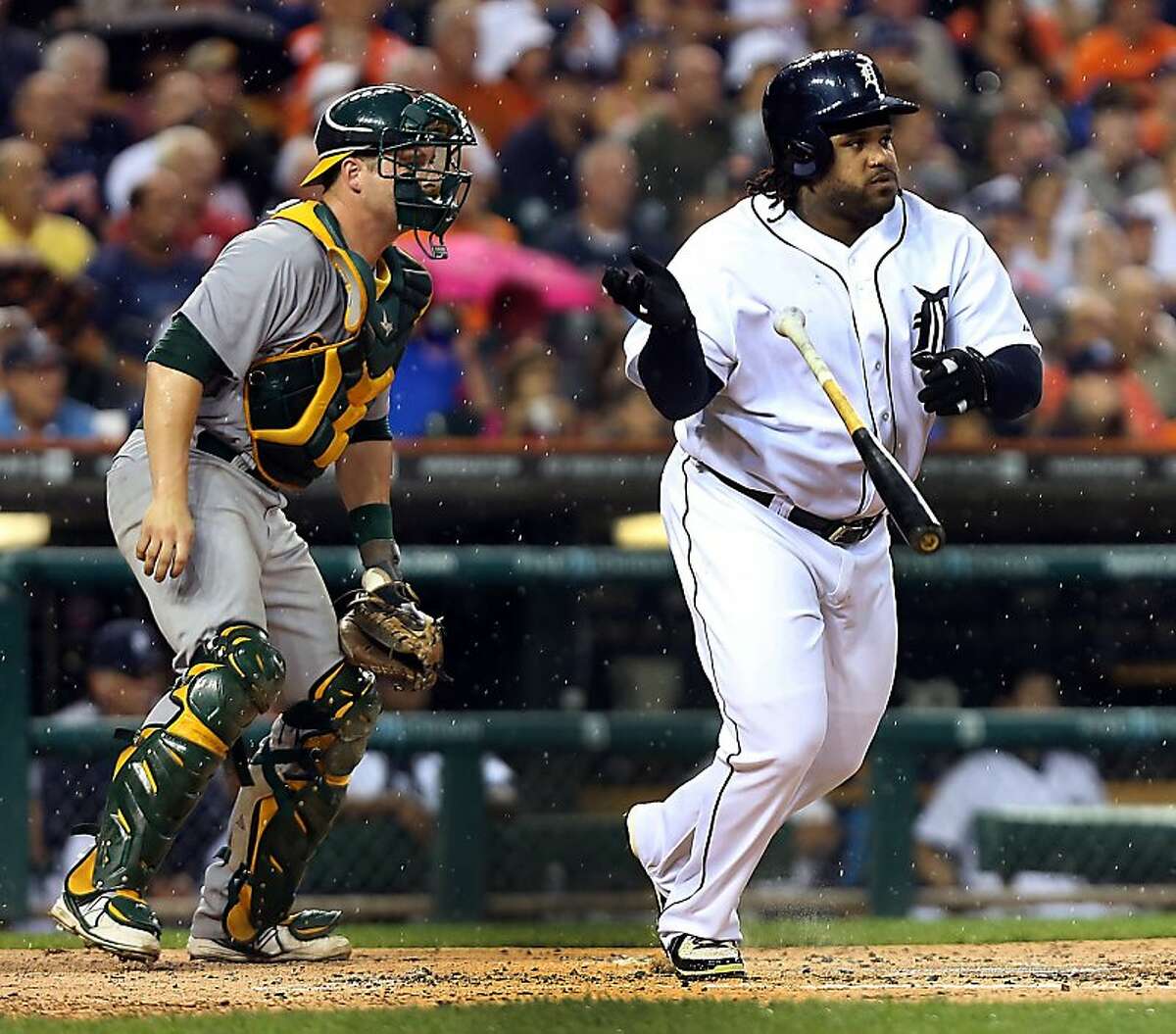 The Detroit Tigers' Prince Fielder drops his bat as he runs out a two-run single during first-inning action against the Oakland Athletics at Comerica Park in Detroit, Michigan, on Tuesday, August 27, 2013. (Diane Weiss/Detroit Free Press/MCT)