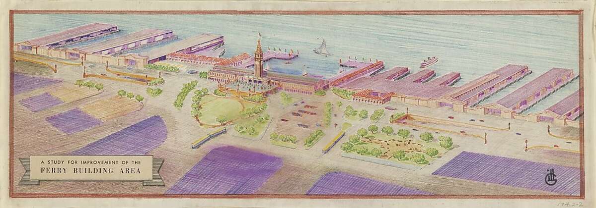 San Francisco's "Shoreline Development" plan of 1943 imagined a future for the Ferry Building that included parking lots in front a "water gate" along the bay to welcome cruise liners.