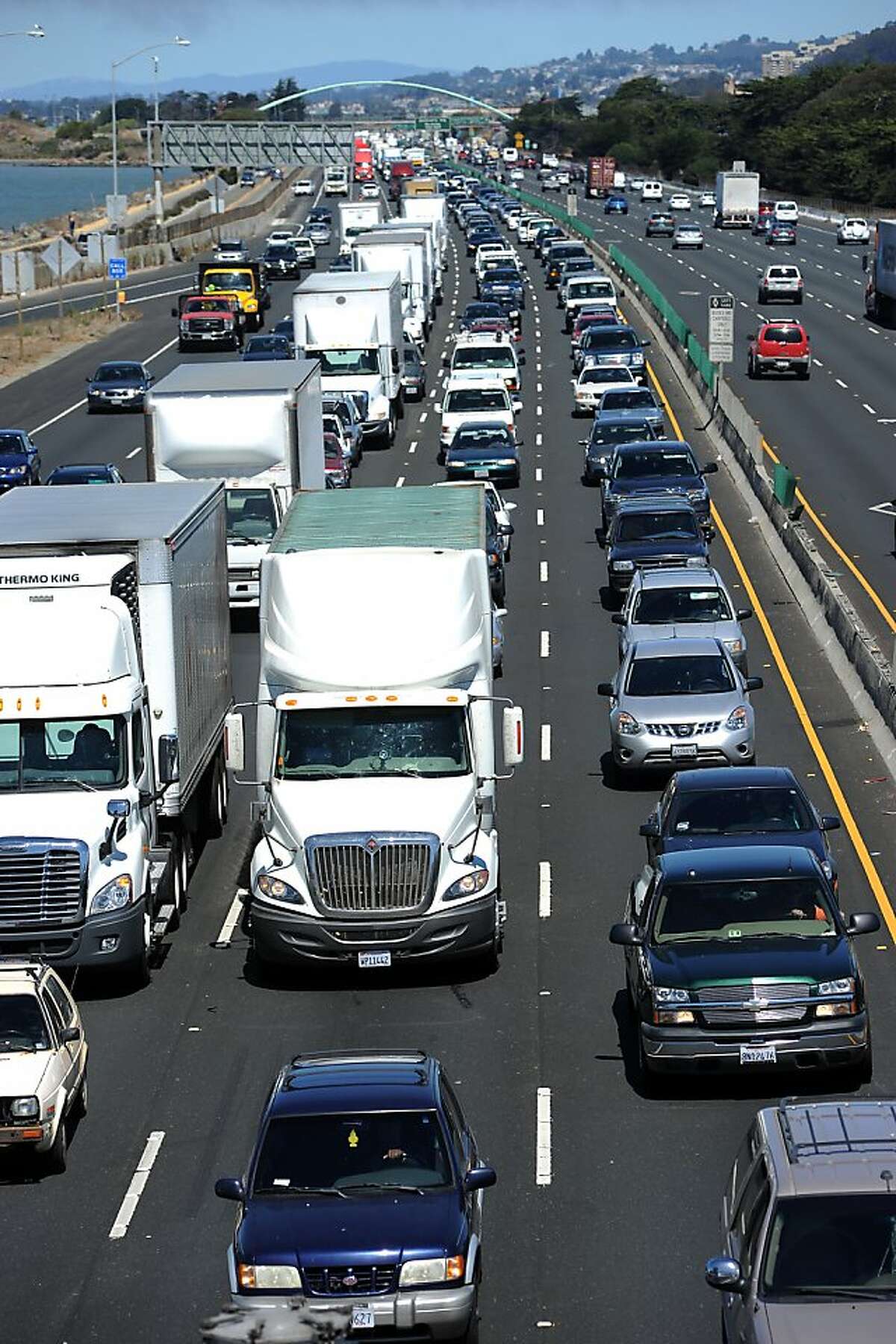 Traffic is seen backed up along south bound Interstate 80 due to the Bay Bridge closure, in Oakland, California, Thursday August 29, 2013.