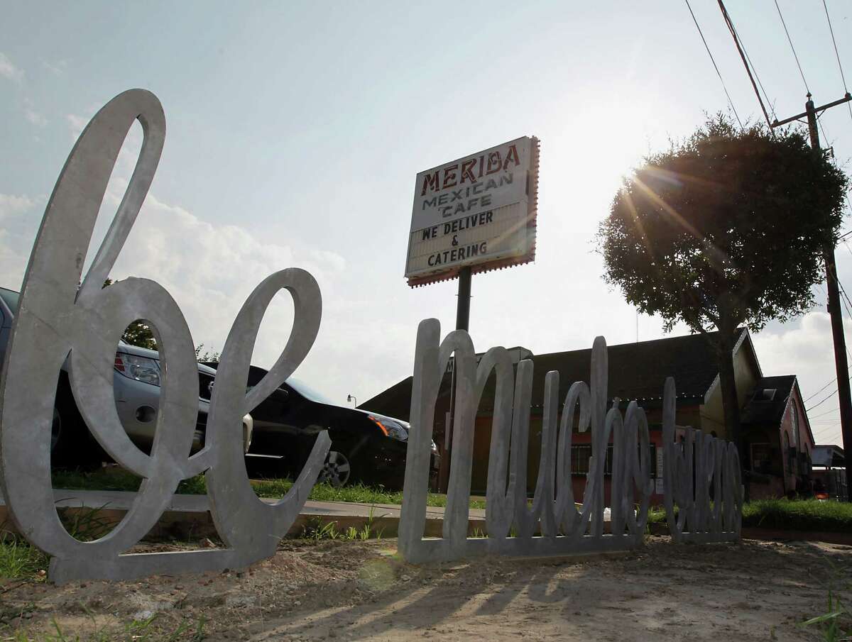 A new bike rack installed by the City of Houston in the shape of "Be Mucho Bueno" in front of the Merida restaurant in the 2500 block of Navigation Thursday, Aug. 29, 2013, in Houston. ( James Nielsen / Houston Chronicle )