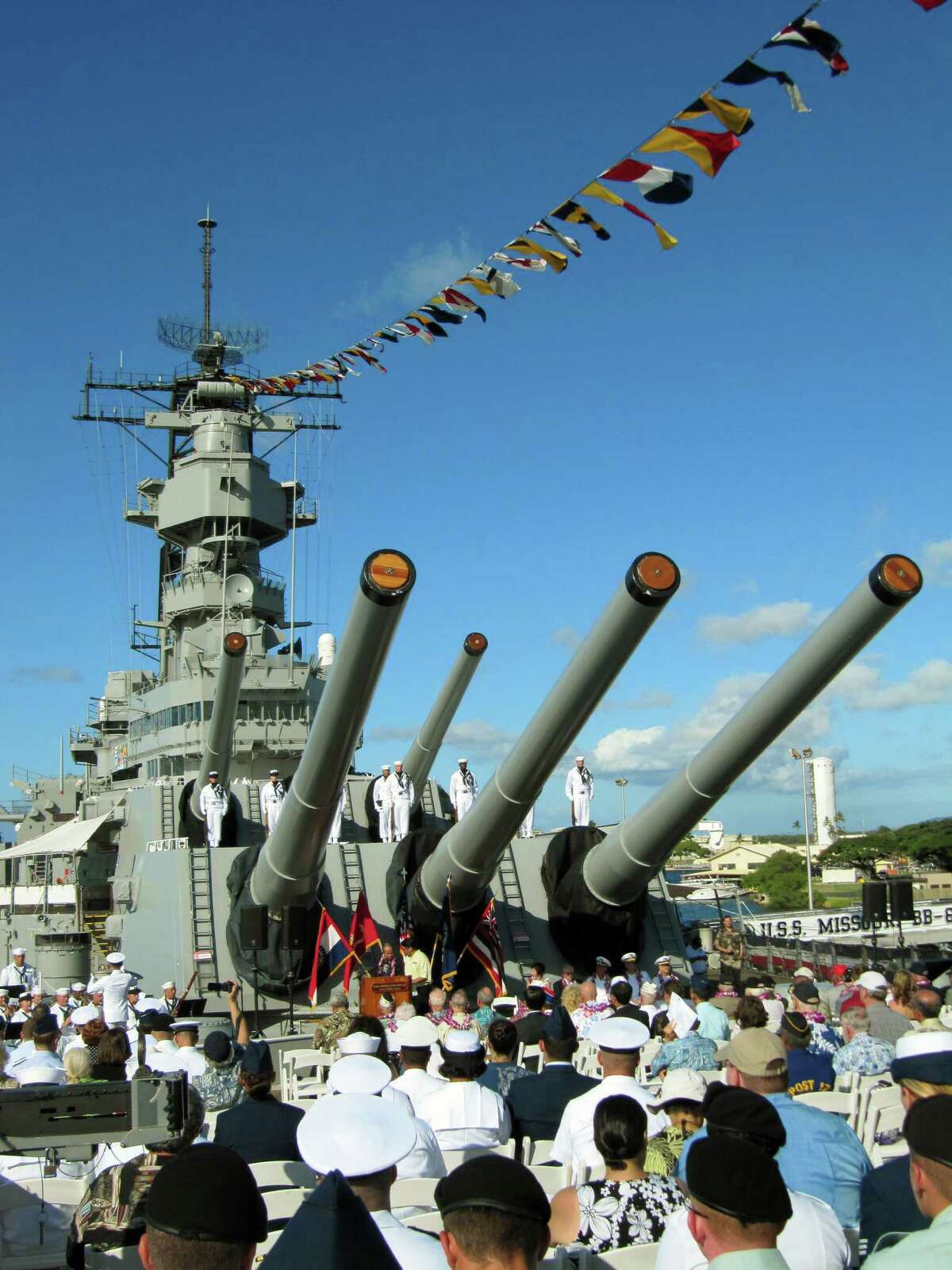The USS Missouri is permanently moored in Pearl Harbor. On Sept. 2, 1945, Imperial Japan surrendered aboard the battleship USS Missouri in Tokyo Harbor.