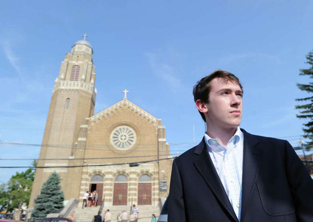 Greenwich High School senior, Blake Sherwyn, 16, after attending the funeral Mass for classmate, Bart Palosz, who committed suicide after attending the first day of classes as a sophomore at Greenwich High school, at the Holy Name of Jesus Roman Catholic Church in Stamford, Friday afternoon, Aug. 30, 2013. Sherwyn said he is starting an anti-bullying club at Greenwich High School.
