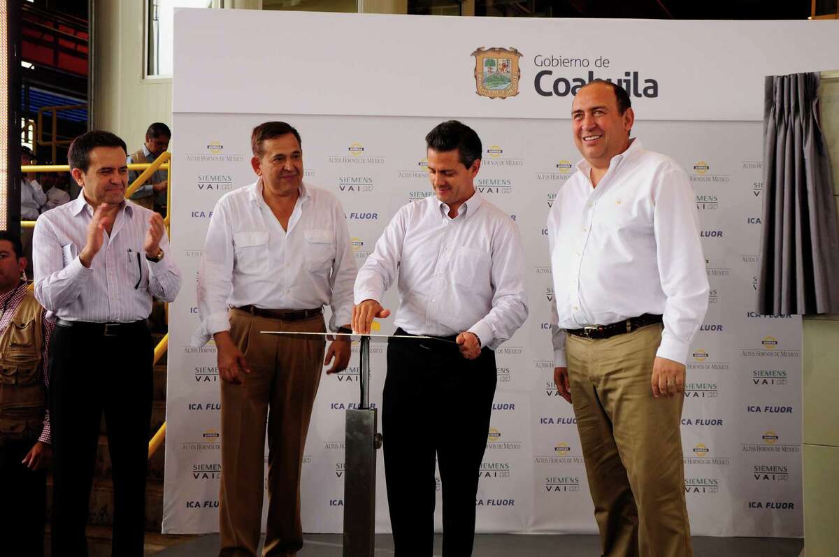 On July 18, Mexican President Enrique PeÃ©±a Nieto (second from right) gave a laudatory speech at the opening of Altos Hornos' new $2.3 billion steel plant, Project Phoenix. Courtesy of Altos Hornos de Mexico