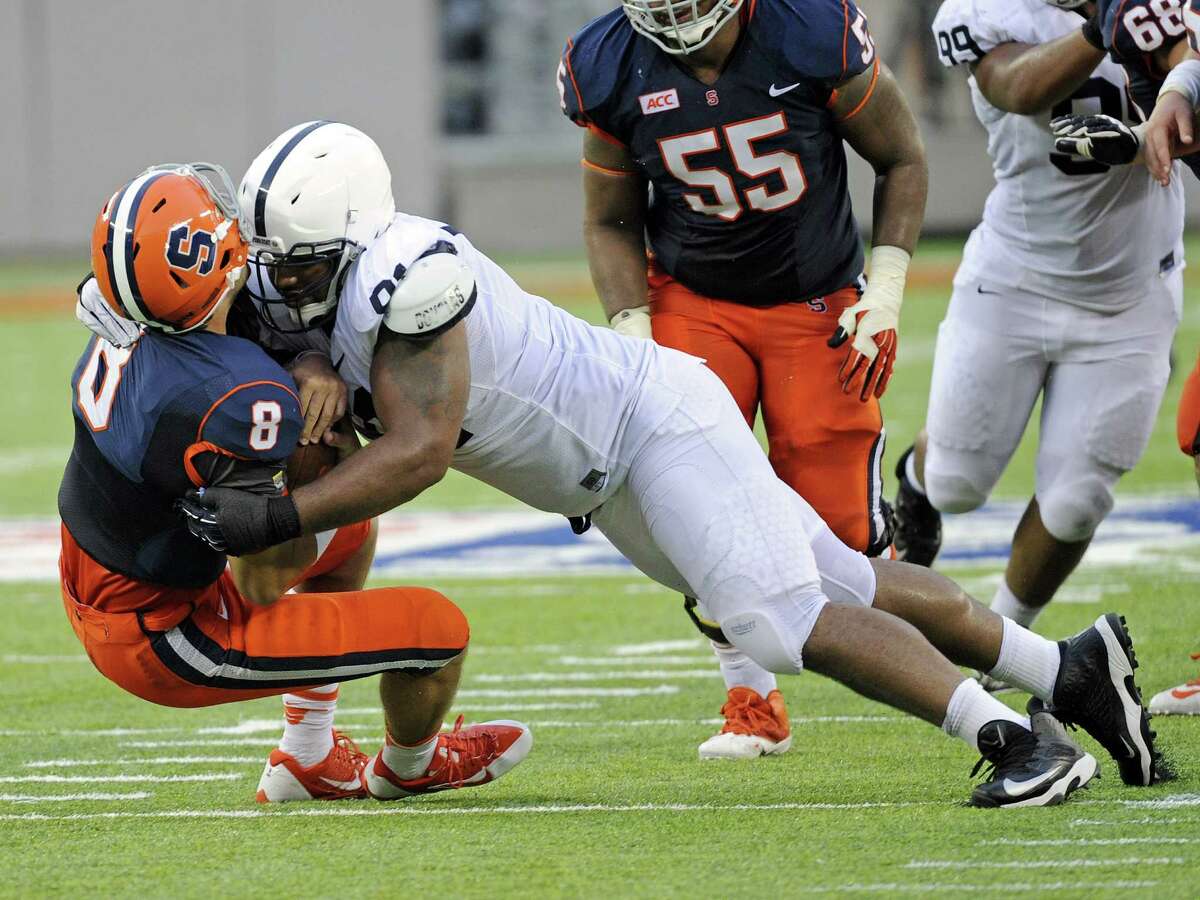Syracuse QB Drew Allen, an Alamo Heights product, had some tough plays vs. Penn State, including this DaQuan Jones sack.