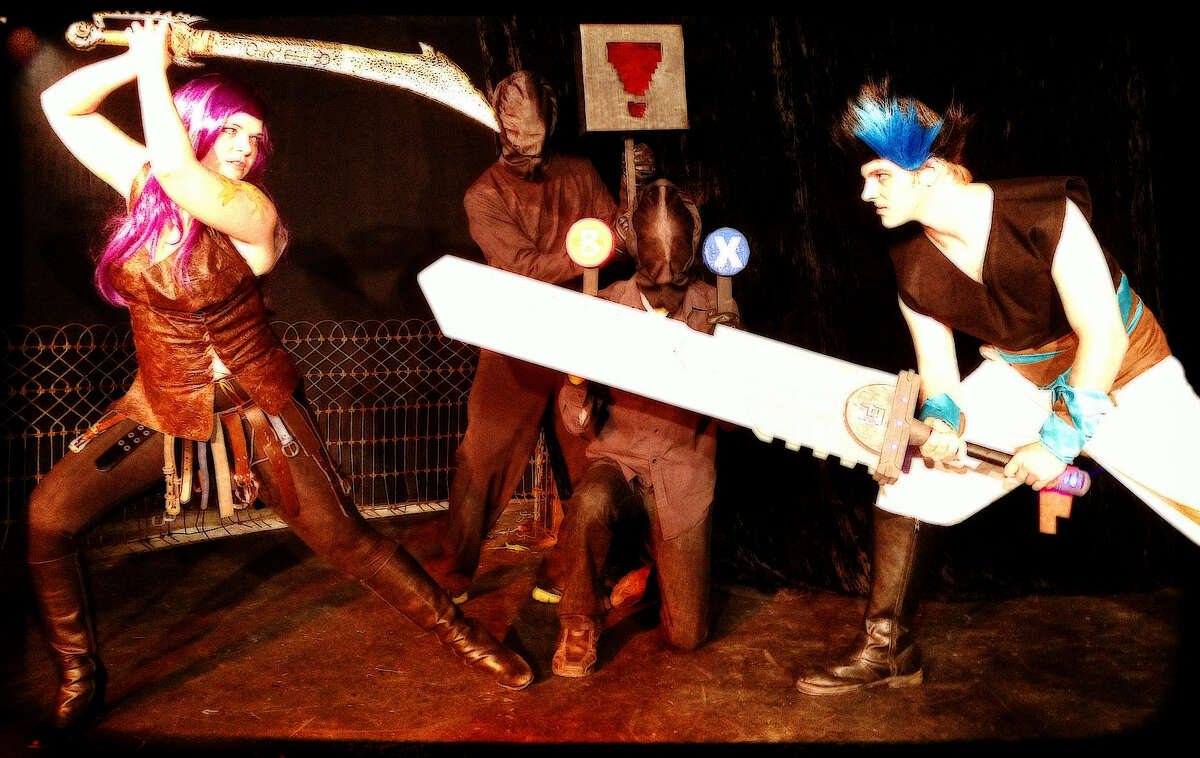Morgan Clyde (front from left) and Justin Bankston do battle in “Heroes Must Die.”