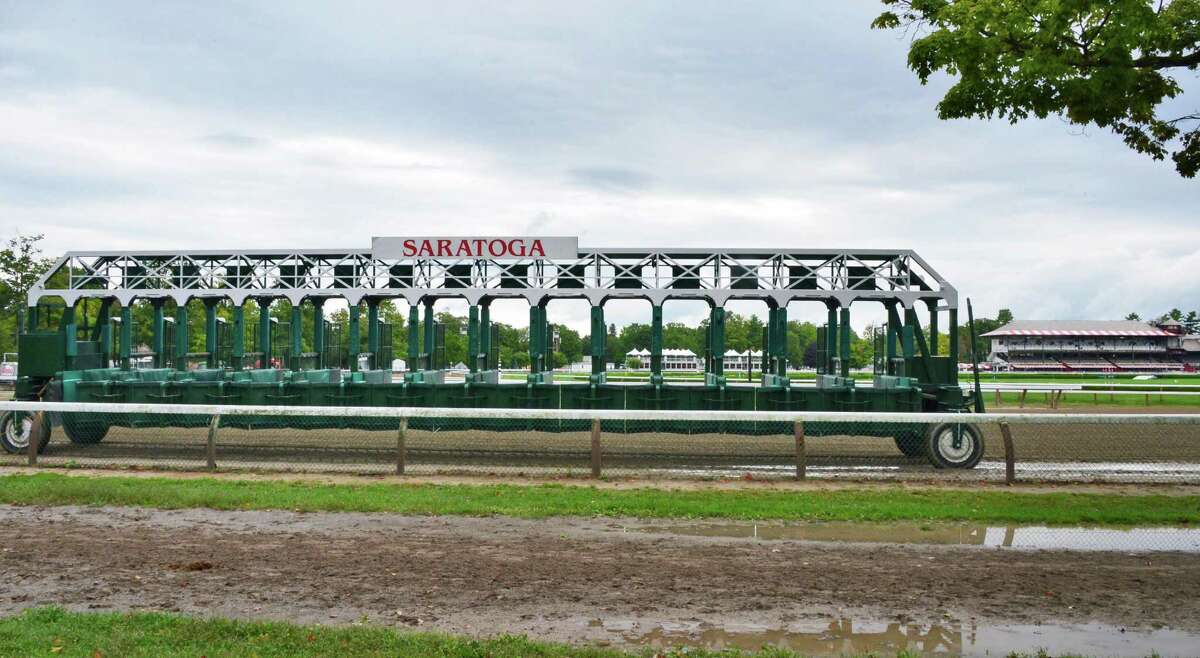 A starting gate sits on the main track at Saratoga Race Course Tuesday morning, Sept. 3, 2013, in Saratoga Springs, N.Y. (John Carl D'Annibale / Times Union)