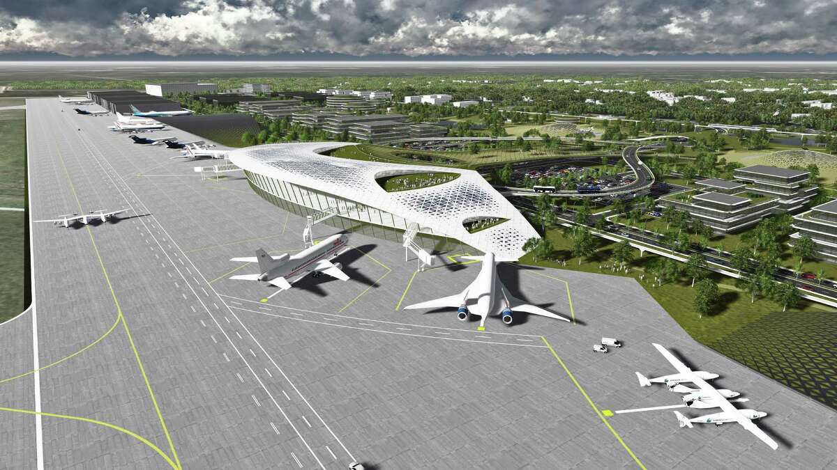 This rendering of proposed spaceport at Ellington Airport depicts aircraft as well as commercial spacecraft.