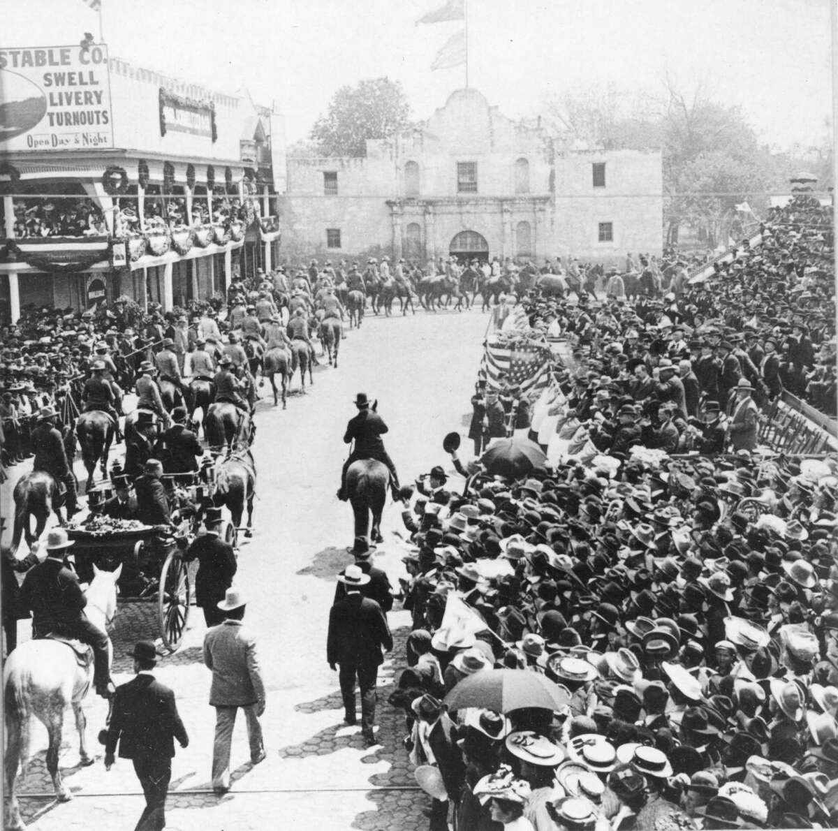 President Theodore Roosevelt riding through the Alamo Plaza, San Antonio, Texas, April 1, 1905.
