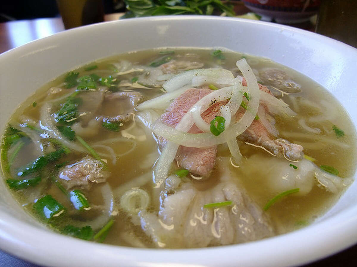 Pho with rare steak, brisket and tendon at Pho Binh Trailer.