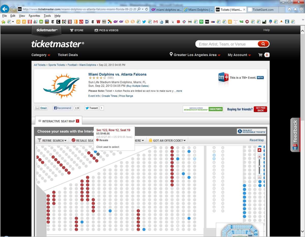 This Friday, Sept. 6, 2013 screen shot taken from a Ticketmaster website shows a seating chart for the Dolphins-Falcons football game on Sept. 22, 2013, on the Ticketmaster website displaying resale tickets in red and unsold tickets in blue. Ticketmaster is trying to show you what seats are available in one place, both unsold ones and those up for resale, so you can price-shop a little more easily. The nationâs largest ticket-seller quietly began rolling out its new system, called Ticketmaster Plus, for certain events starting in August. More than two dozen professional sports teams have signed up, including many in the NFL. (AP Photo/Ticketmaster)