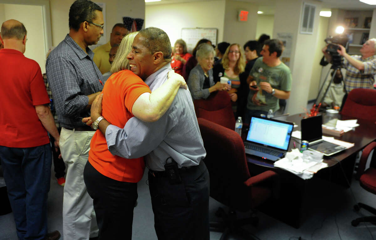 Democratic mayoral candidate Joe Paul celebrates with his campaign manager Terry Masters after winning the primary election against Beth Daponte in Stratford, Conn. on Tuesday September 10, 2013.