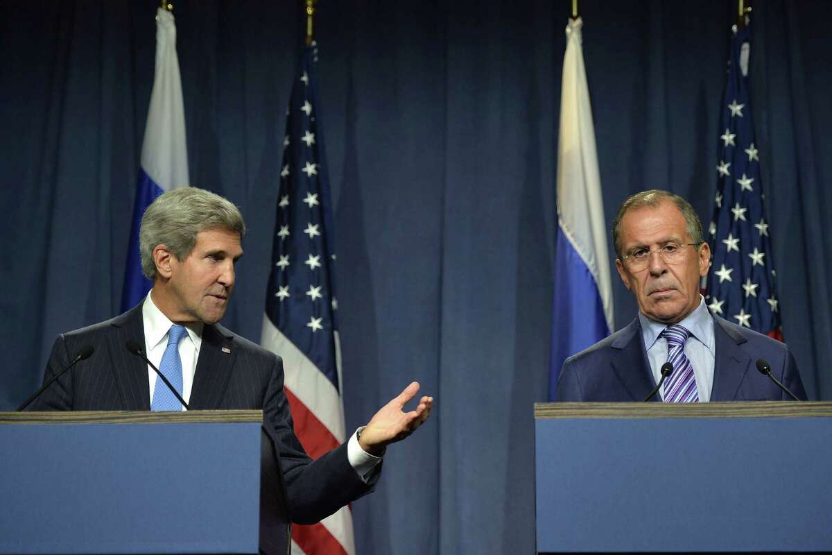 Secretary of State John Kerry speaks alongside Russian Foreign Minister Sergey Lavrov during a news conference before their meeting on the Syrian crisis.