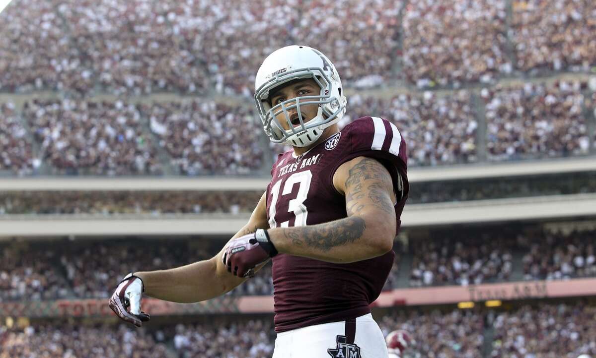Mike Evans struts in the end zone after a 95 yard pass touchdown as Texas A&M hosts Alabama at Kyle Field in College Station on September 14, 2013.