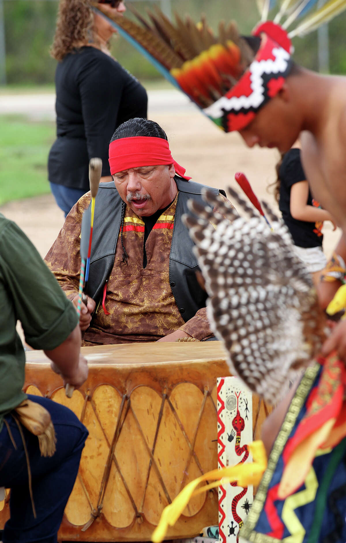 Amador Osio participates in a Native American blessing ceremony during the official opening of Mission Park Pavilions at the renovated Mission County Park, Sunday, Sept. 15, 2013. The renovation to the 1949-built park cost $6.9 million with $1.75 coming from a Texas Parks and Wildlife Department grant. The 60-acre park has a capacity of 3,000 and includes what the county touts as the latest and greatest outdoor music venue.