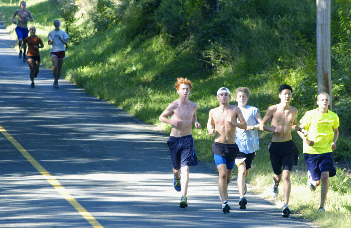 The Spartans cruise Painter Ridge in Roxbury in preparation for the Shepaug Valley High School boys' cross coutnry season. Leading the way are, from left to right, Quinton Walsh, Clayton Firmender, Erik Quist, Nathan Ong and Ed Wolfe. September 2013