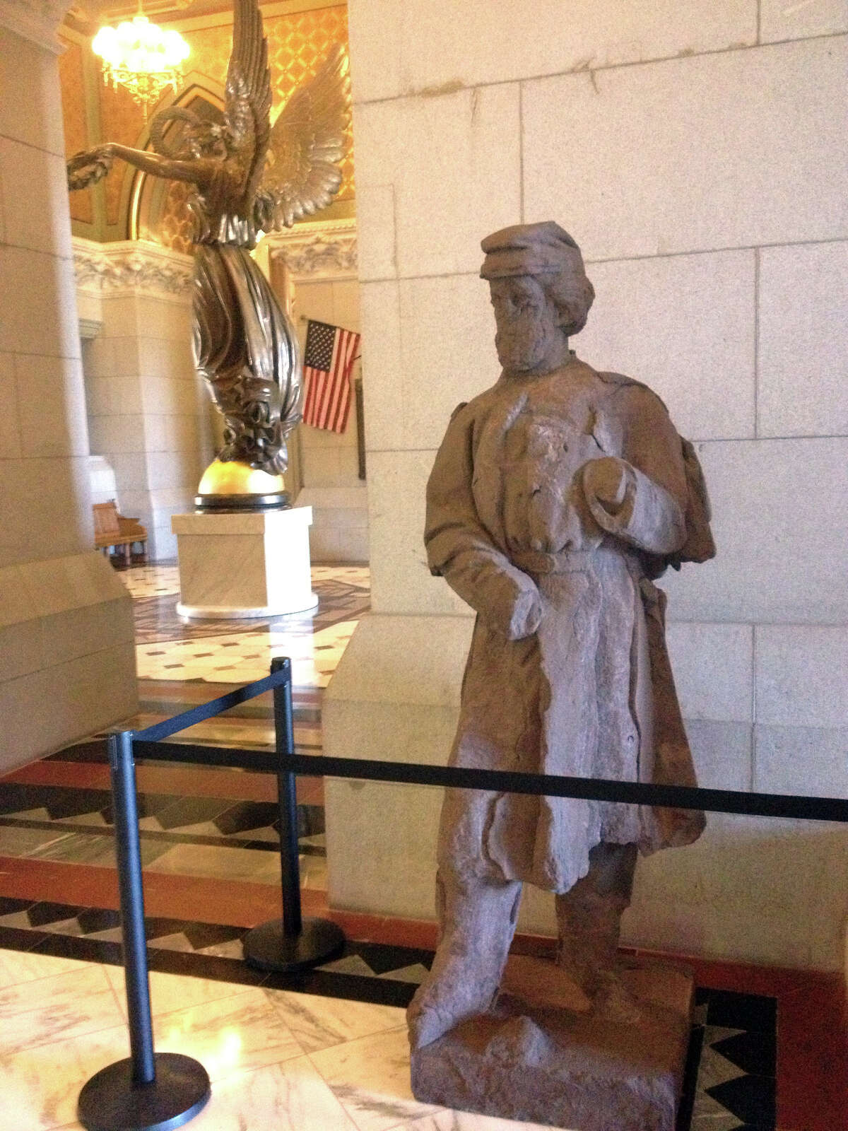 A crumbling civil war statue is being installed at the Capitol in Hartford.
