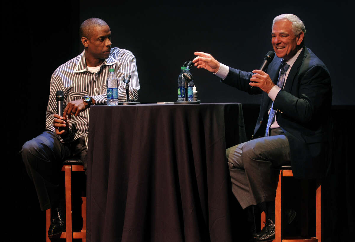 Bobby Valentine, right, and Dwight Gooden talk about their baseball careers as they take part in the 2013-2014 Student Affairs Lecture Series at Sacred Heart University's Edgerton Center for the Performing Arts in Fairfield, Conn. on Wednesday September 18, 2013.