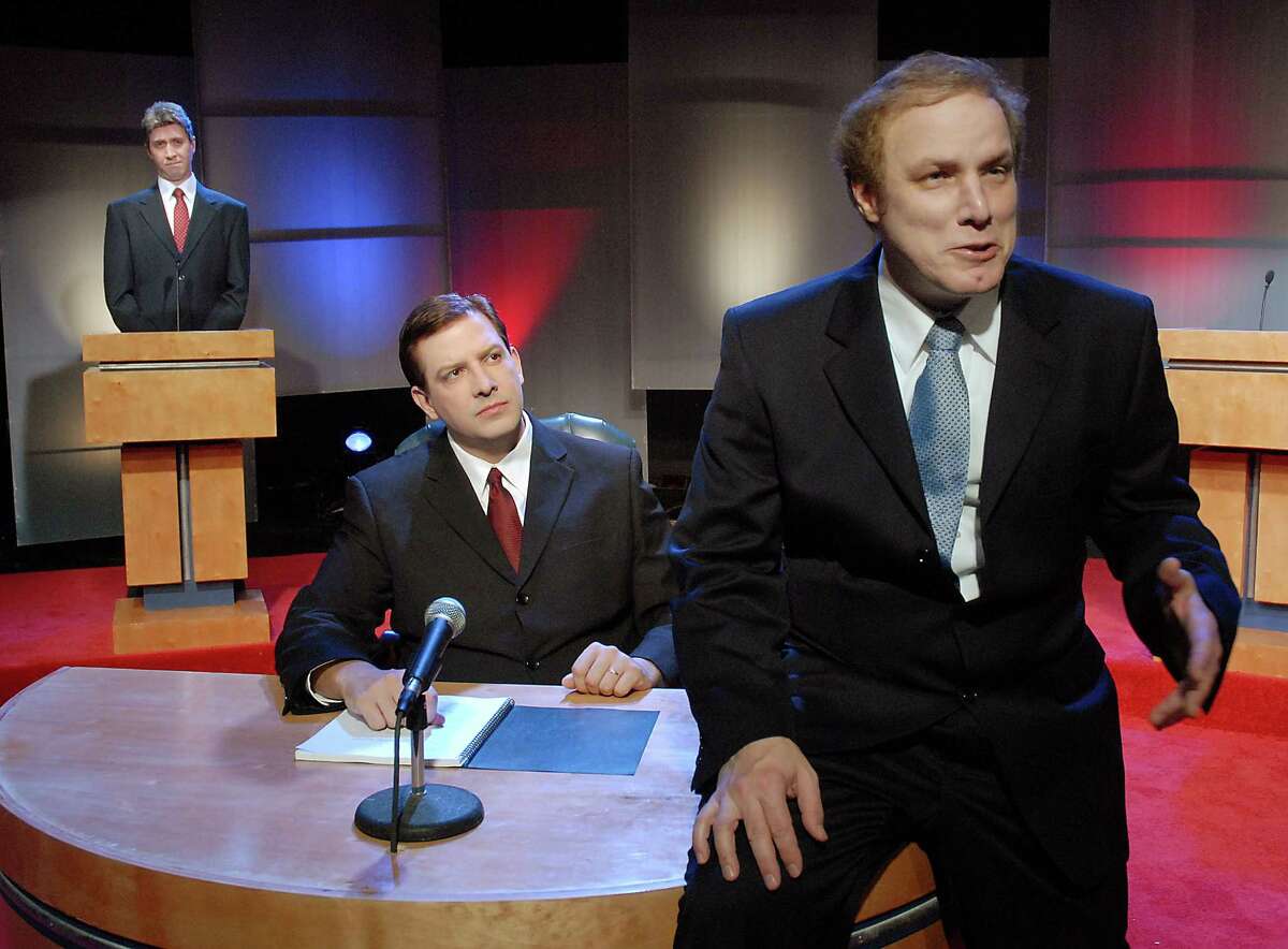 Troy Schulze, from left, stars as John Kerry, Seån Patrick Judge as Jim Lehrer and Paul Locklear as George Bush in the 2008 DiverseWorks production of Mickle Maher's play "The Strangerer."