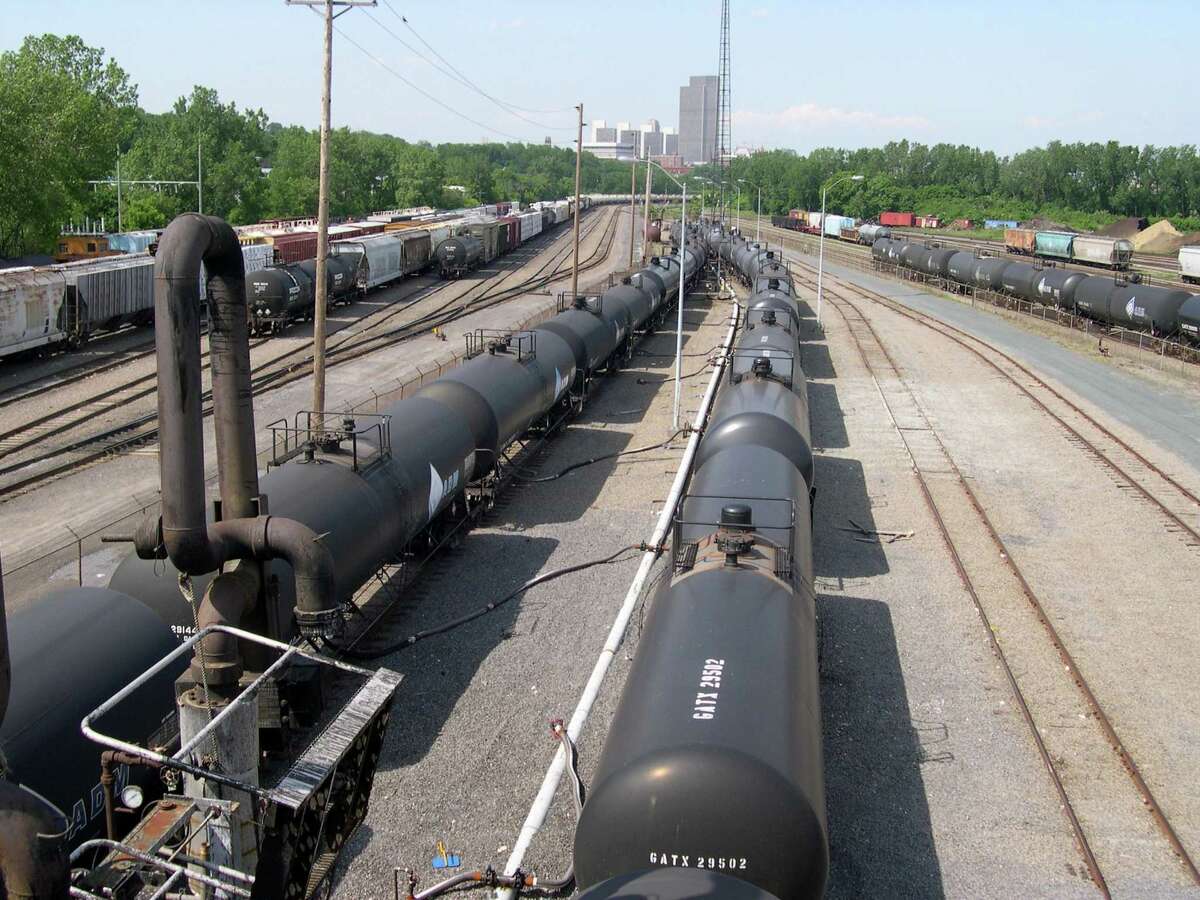 CSX tanker rail cars filled with ethanol, are seen being unloaded on Cibro rail yard at the Port of Albany in Albany, N.Y. The ethanol is pumped to Cibro storage tanks before being loaded onto barges at the port of shipment.