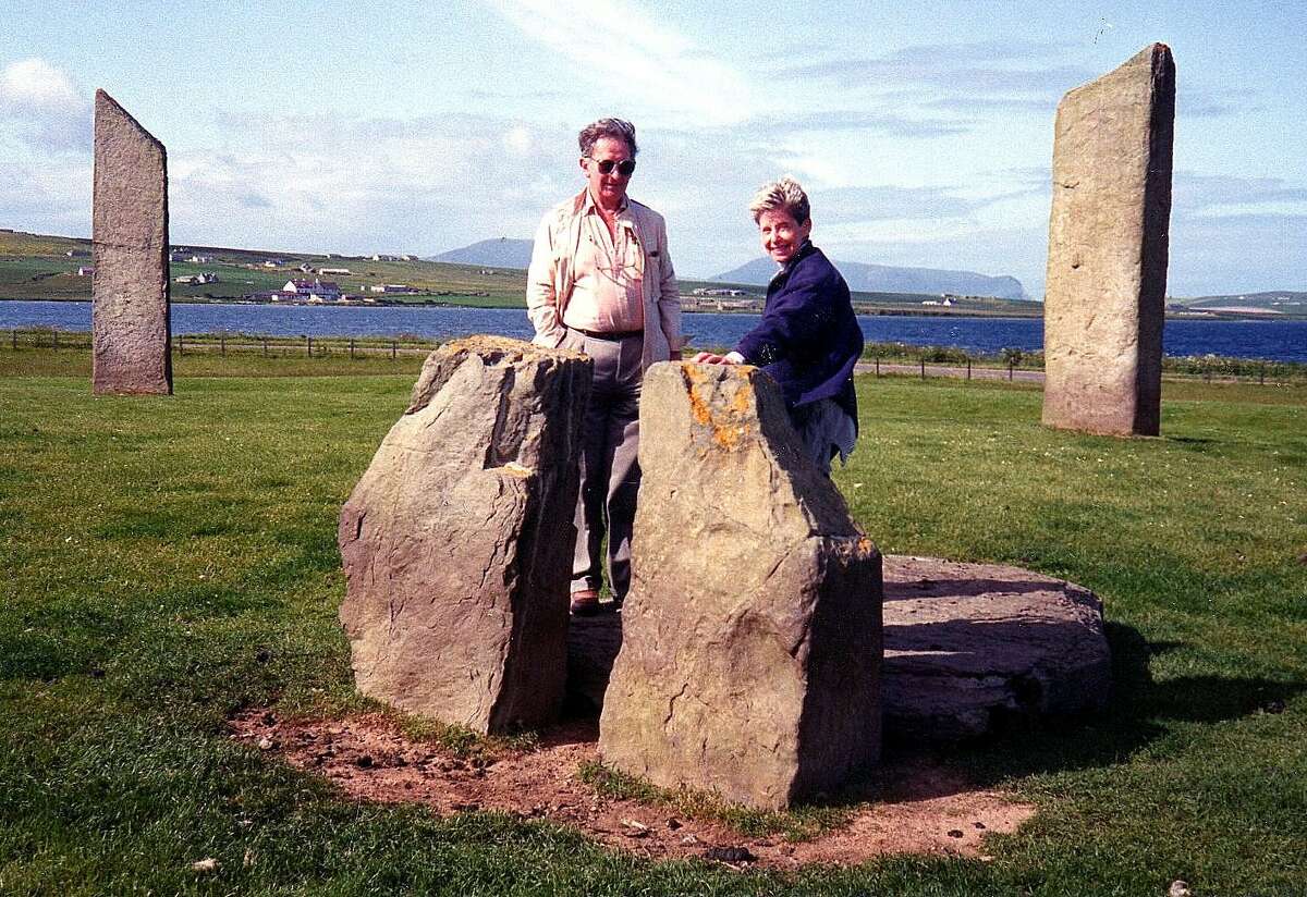 Nancy Bernard stands by the Standing Stones of Stenness, circa 3,000 B.C., in Scotland s Orkney islands in the summer of 1992