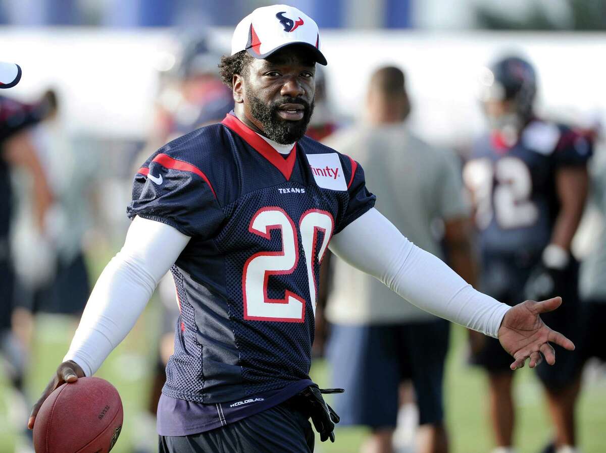 FILE - In this July 26, 2013, file photo, Houston Texans' Ed Reed gestures as he walks across the field during NFL football training camp Friday, July 26, 2013, in Houston. Reed signed with Houston as a free agent after playing for the Baltimore Ravens from 2002-12 and will return to Baltimore, providing he's sufficiently recovered from a hip injury, Sunday, Sept. 22, 2013. (AP Photo/Pat Sullivan, File)