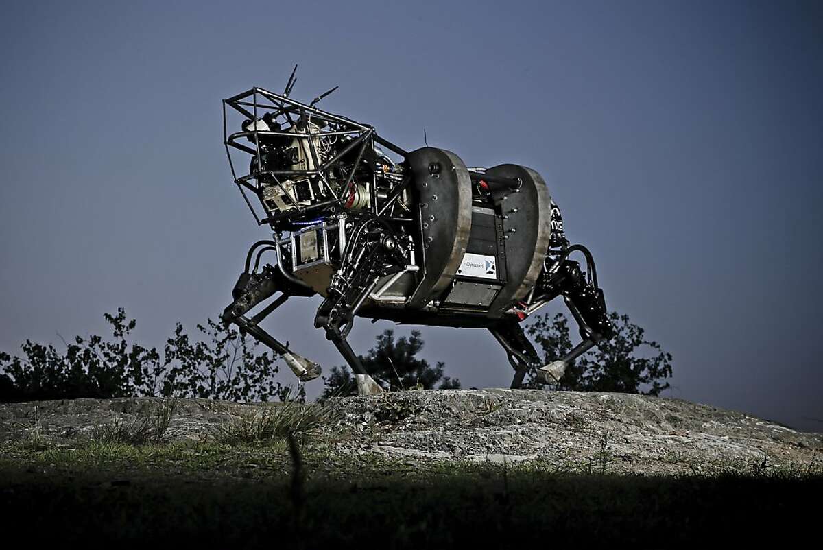 An undated handout photo of the Legged Squad Support System developed by Boston Dynamics, a robot about the size of a cow that is intended to follow a soldier in the field, carrying up to 400 pounds of equipment. Even though the U.S. military helped kick-start the technology for autonomous ground vehicles, like self-driving cars, it has remained more focused on unmanned aerial vehicles. (Boston Dynamics via The New York Times) -- NO SALES; FOR EDITORIAL USE ONLY WITH STORY SLUGGED SCI UNMANNED VEHICLES BYJOHN MARKOFF. ALL OTHER USE PROHIBITED.