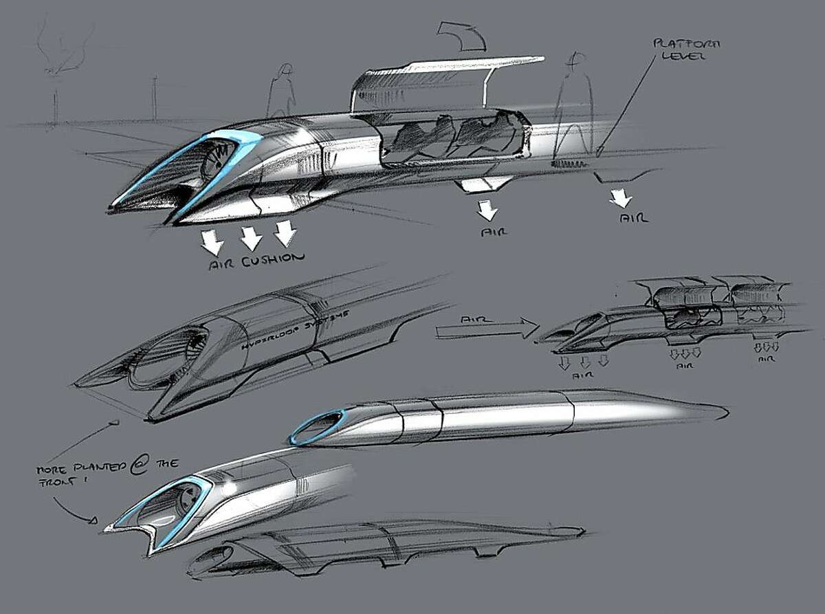 This image released by Tesla Motors shows a conceptual design sketch of the Hyperloop passenger transport capsule. Billionaire entrepreneur Elon Musk on Monday, Aug. 12, 2013 unveiled the concept for a transport system he says would make the nearly 400-mile trip in half the time it takes an airplane. The "Hyperloop" system would use a large tube. Inside, capsules would float on air, traveling at over 700 miles per hour. (AP Photo/Tesla Motors)