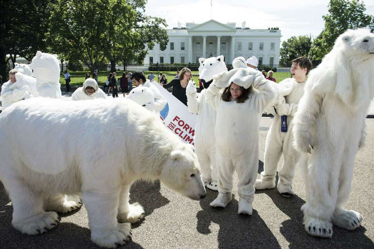 Environmental activists take off their polar bear costumes on Pennsylvania Avenue in front of the White House after a protest Thursday against drilling for oil in the Arctic.