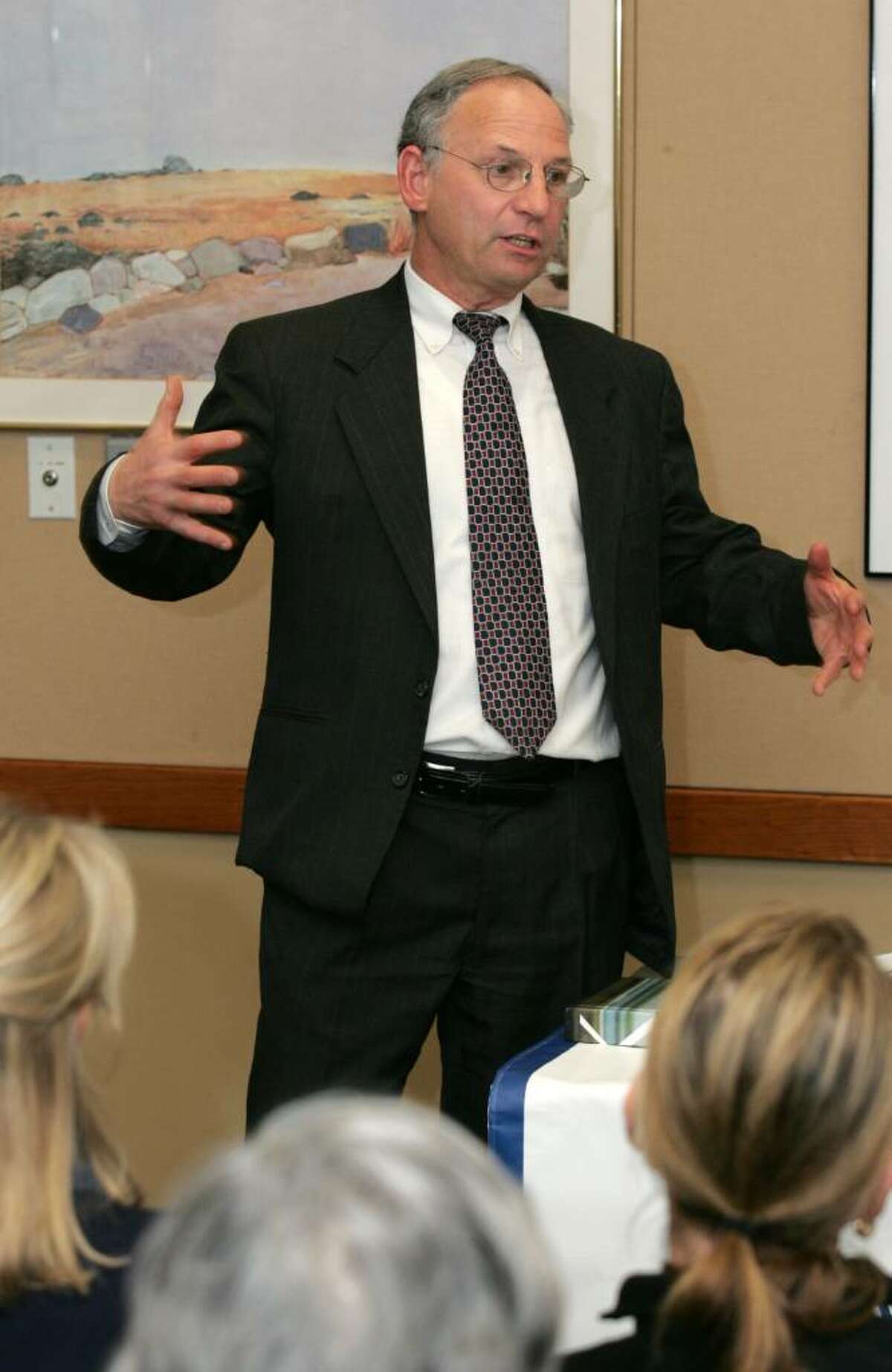 Greenwich Superintendent of Schools Dr. Sidney Freund addressed members of the Greenwich League of Women Voters at the Cos Cob Library on the challenges and accomplishments of the school system.