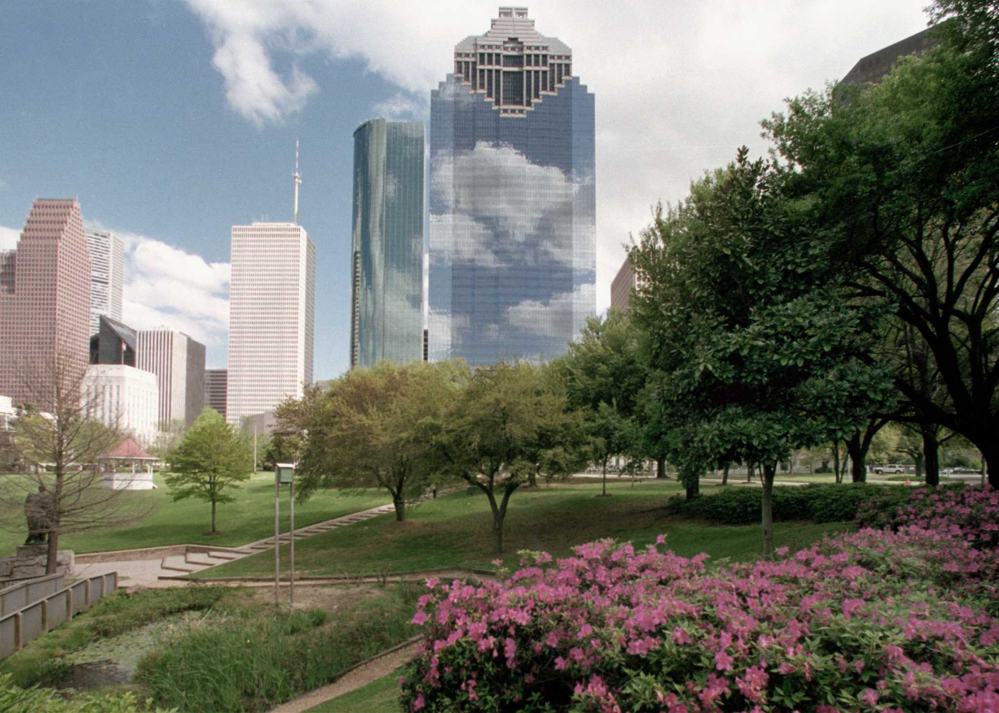 Skyline of Houston, as seen from the roof of the 41-story Marathon Oil  Tower, headquarters building of the Marathon Oil Corporation, located  several miles west of downtown Houston, Texas