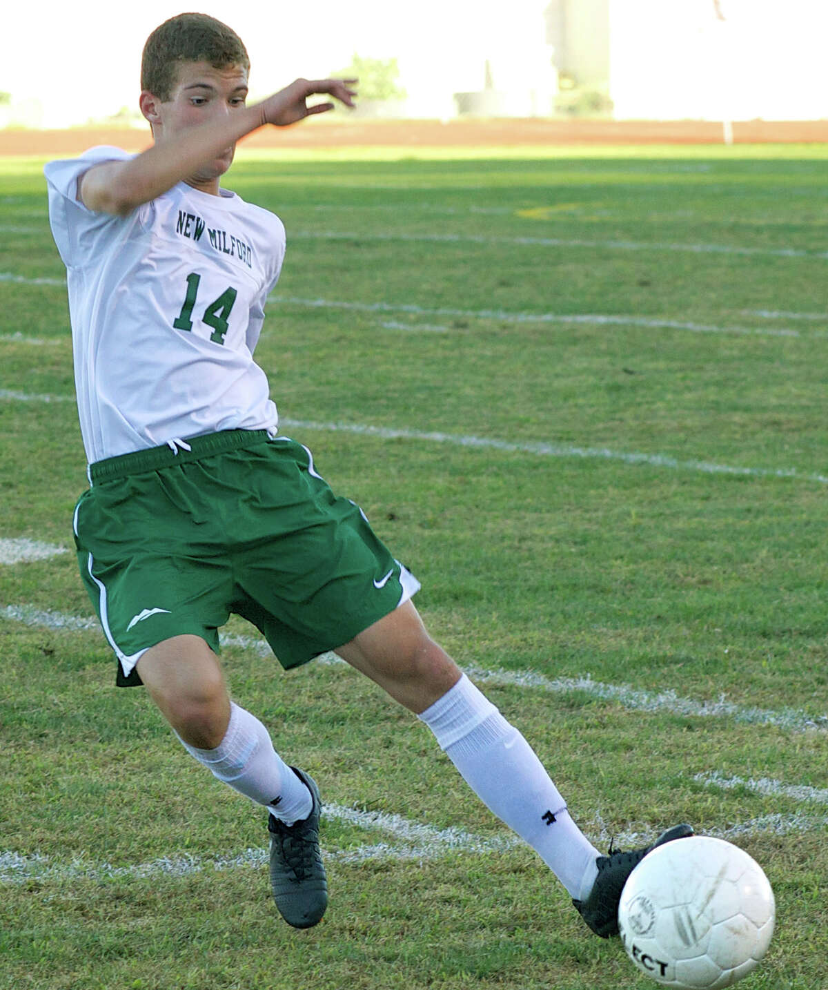 The Green Wave's Adrian Lekaj found the range for two goals during New Milford High School boys' soccer's 3-1 victory over Stratford, Sept. 23, 2013 at NMHS.