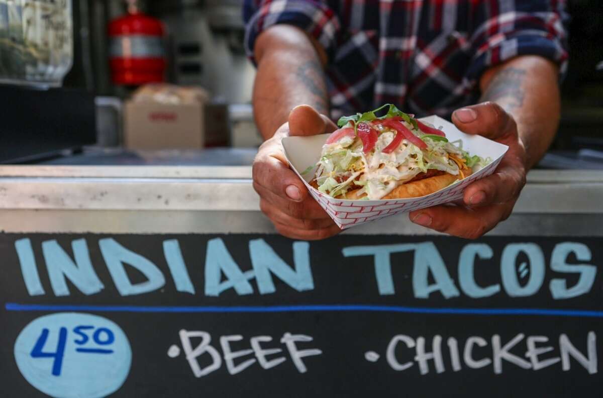 A beef Indian taco on frybread from Off the Rez.