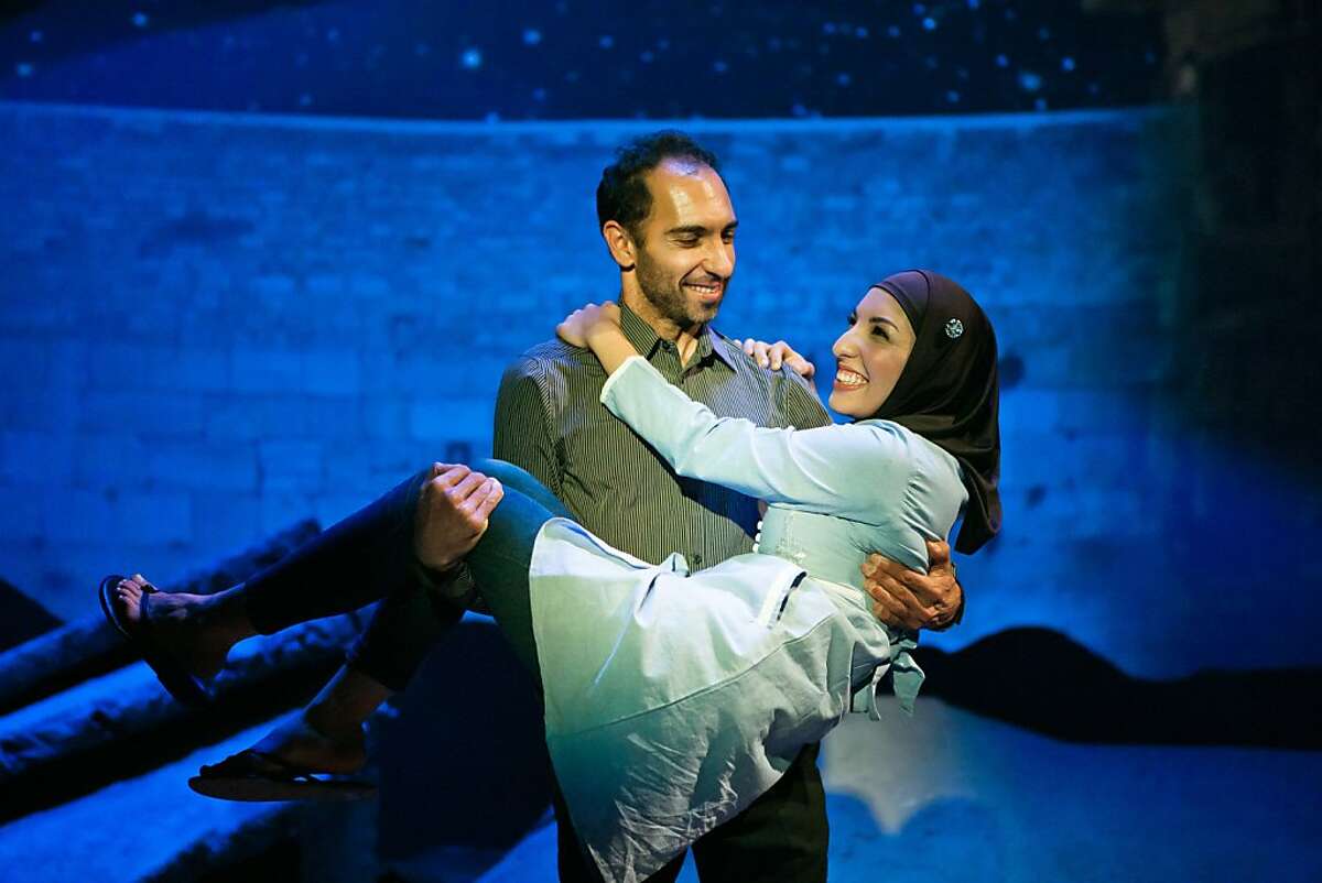 Hadia (Livia Demarchi) is taken into the garden by Uday Hussein (Pommes Koch) in "Bengal Tiger at the Baghdad Zoo" at SF Playhouse