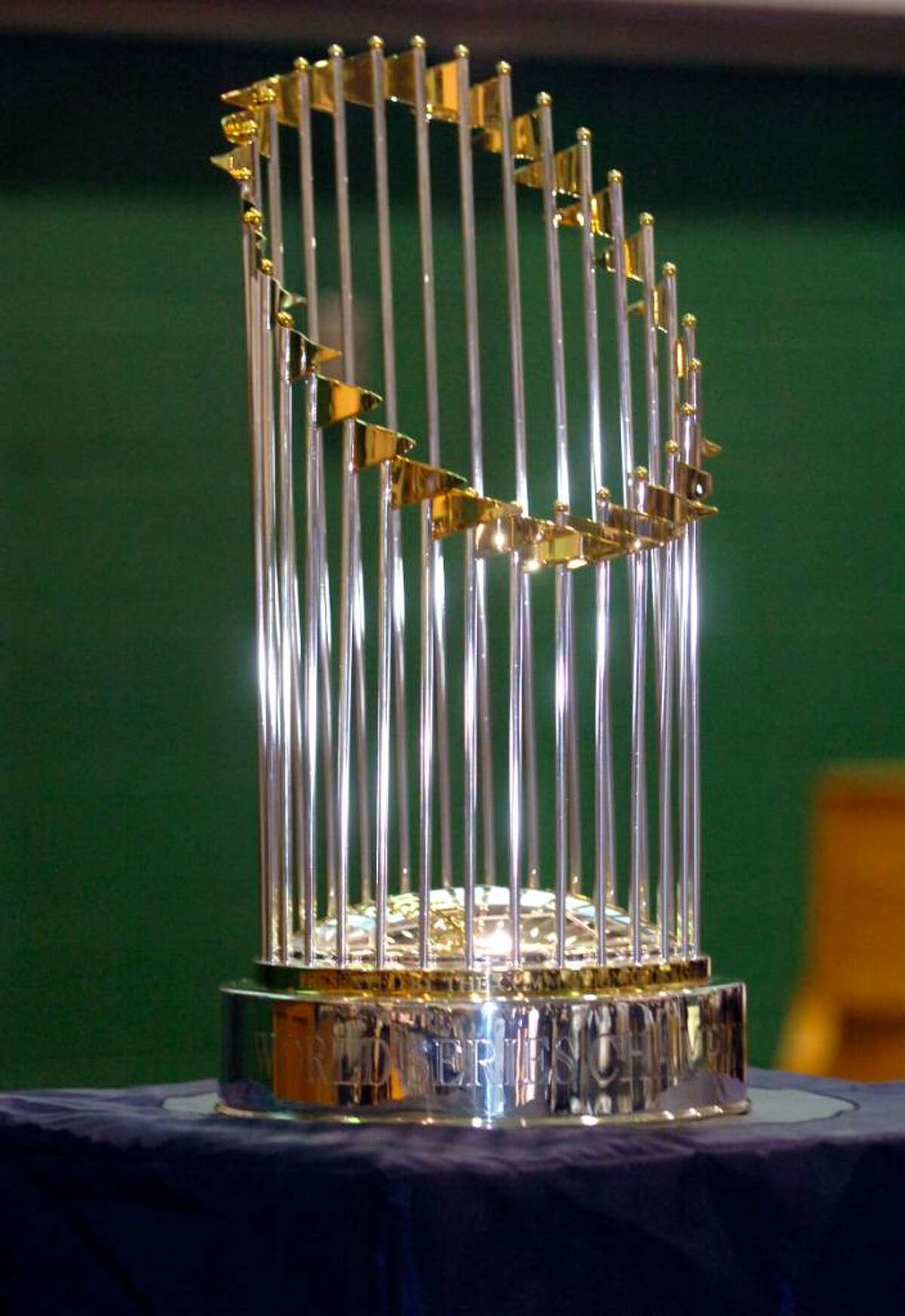 .The New York Yankees' 2009 World Series trophy on display at the Convent of the Sacred Heart during their celebration of the Yankees championship, on January 26, 2010