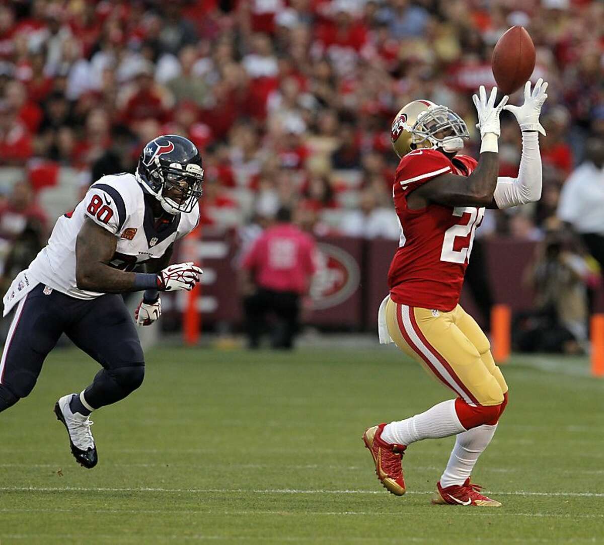 Tramaine Brock waits for the pass intended for Andre Johnson before intercepting it in the second quarter. The San Francisco 49ers played the Houston Texans at Candlestick Park in San Francisco, Calif., on Sunday, October 6, 2013.