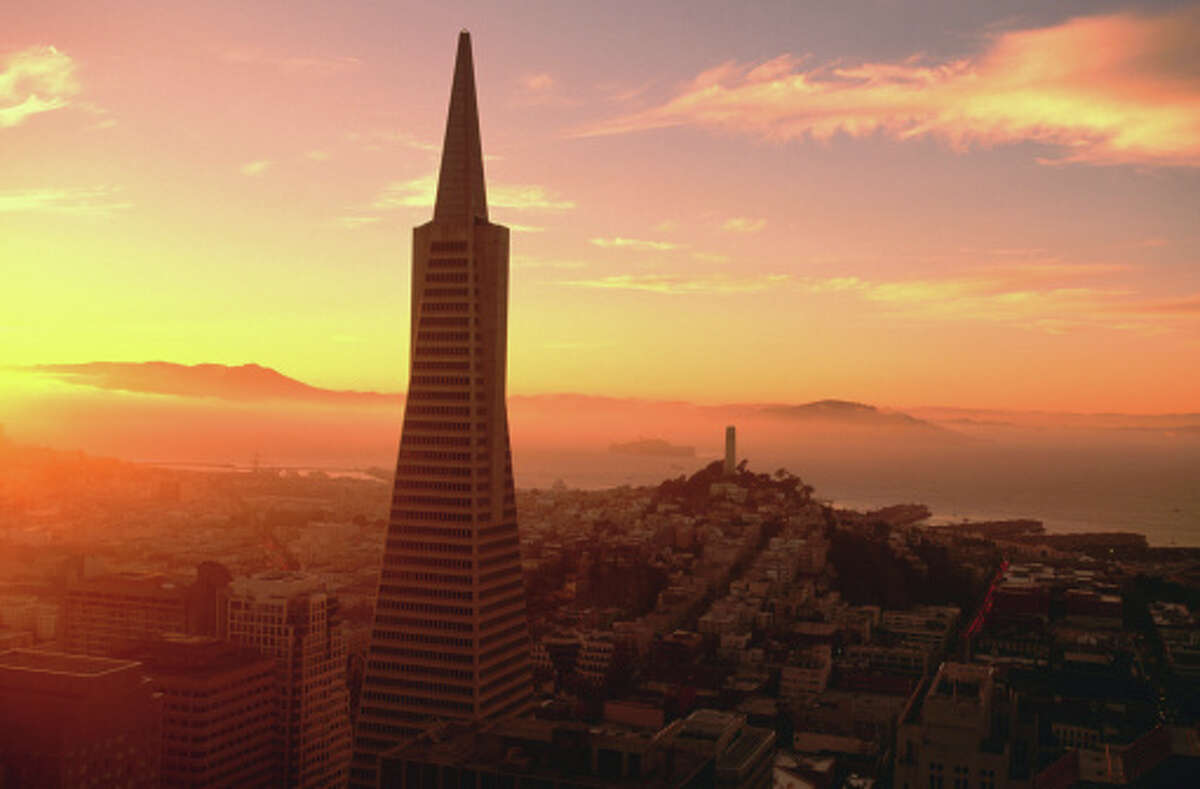 1. MANDARIN-ORIENTAL HOTEL.  A stunning view of the Transamerica Pyramid and Coit Tower can be seen from the sky bridges that connect the two towers at the Mandarin-Oriental Hotel.