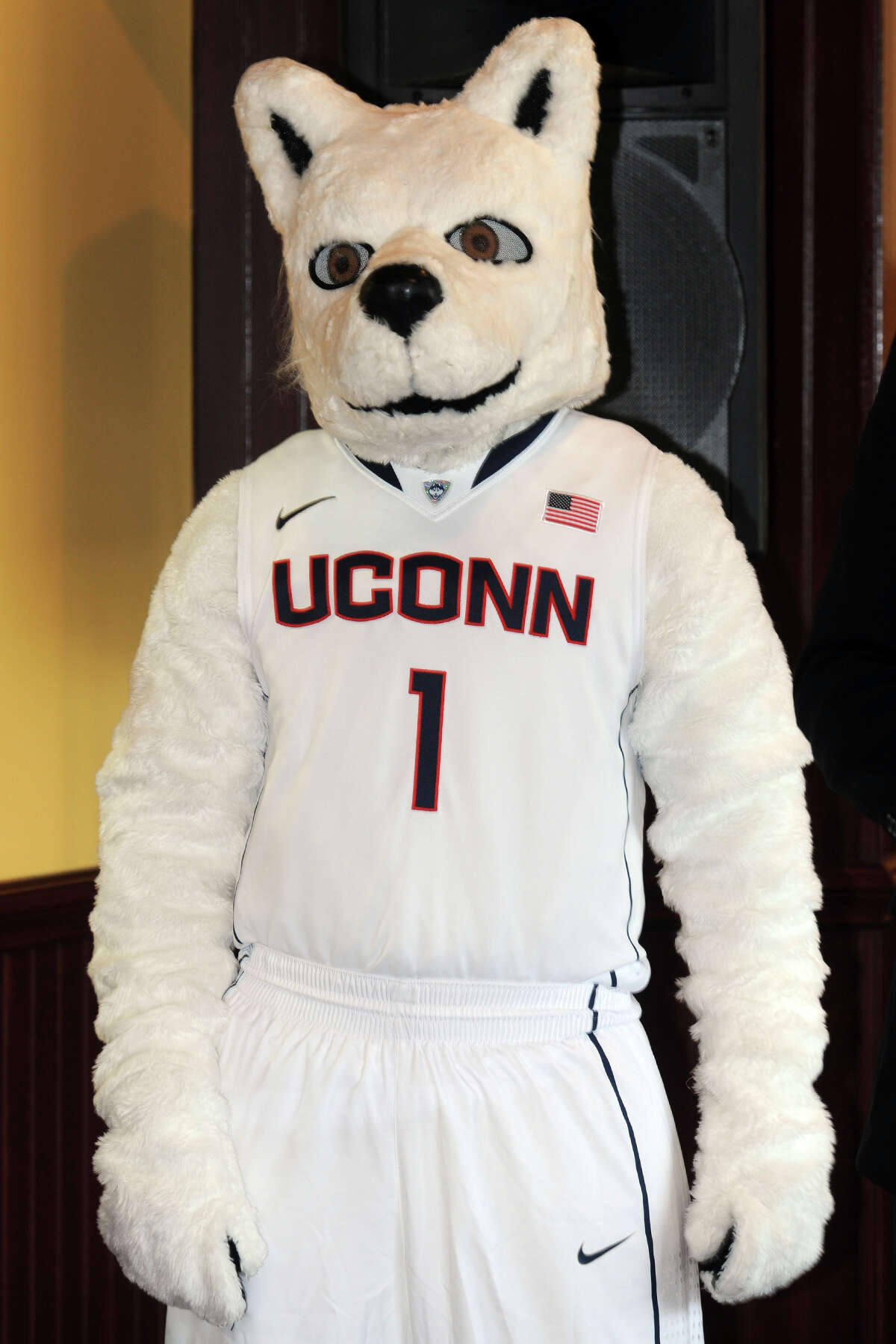 University of Connecticut mascot Jonathan the Husky attends a press conference to announce a new partnership between Harbor Yard Sports and Entertainment, Webster Bank Arena and UConn Athletics, held at the arena in Bridgeport, Conn., Oct. 7, 2013. The UConn menâÄôs and womenâÄôs basketball teams will both play a home game at the arena this season.