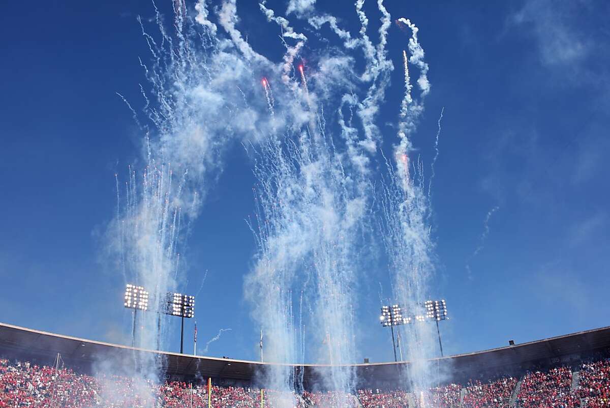 Fireworks explode in the sky above Candlestick Park as part of pre game festivities for a game between the Colts and the 49ers on September 22, 2013 in San Francisco, Calif.