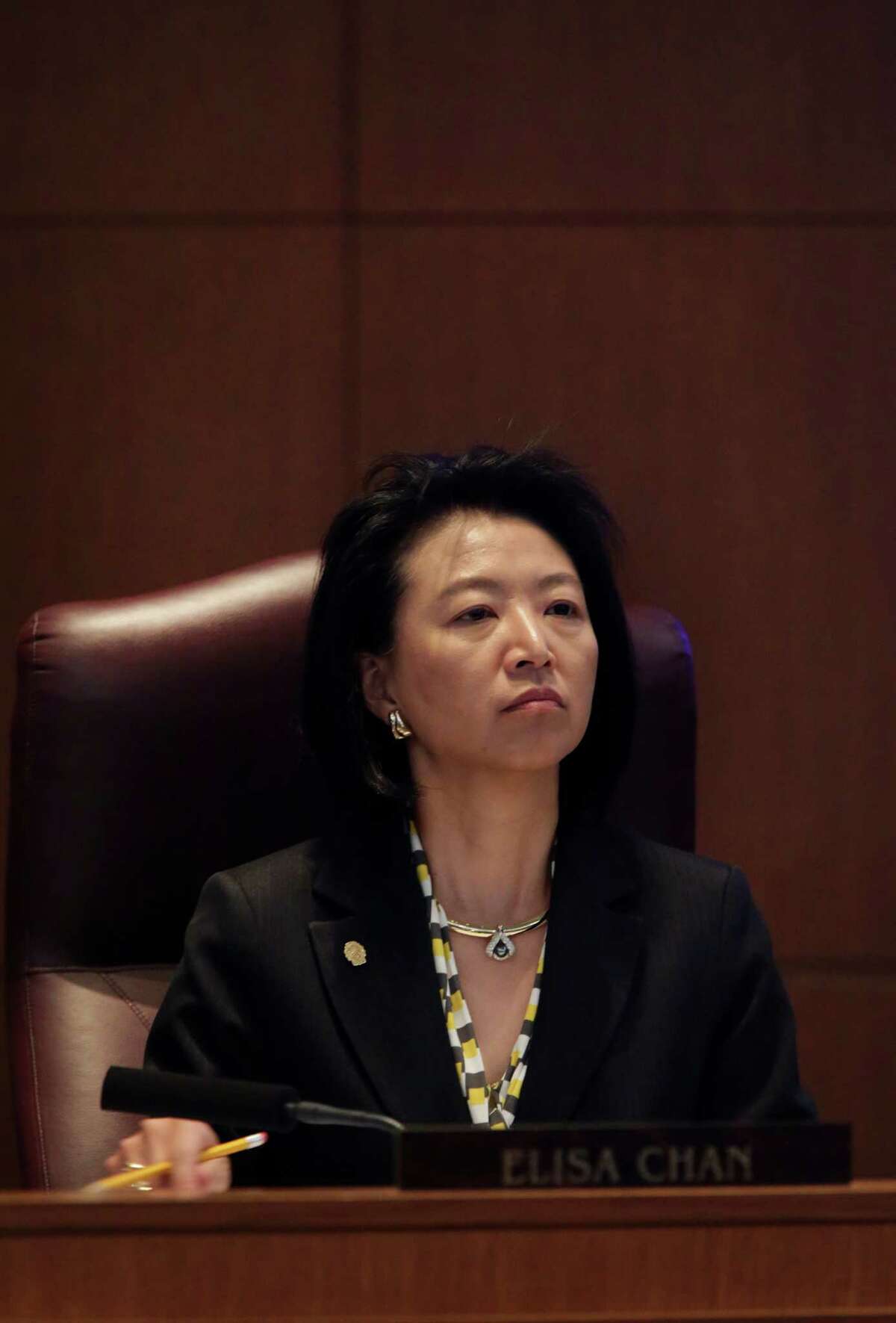 City Council member Elisa Chan listens to arguments during Session B in City Council Chambers for the Nondiscrimination Ordinance meeting at City Hall on Wednesday, August 28, 2013.
