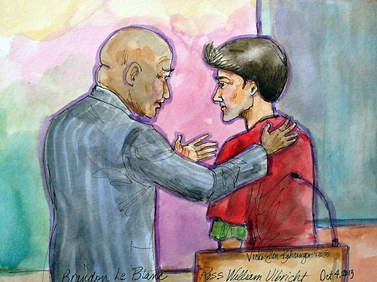 This artist rendering shows Ross William Ulbricht, right, appearing in Federal Court with his public defender Brandon LeBlanc, left, in San Francisco on Friday, Oct. 4, 2013. U.S. Magistrate Judge Joseph Spero postponed the bail hearing for Ulbricht who is being charged as the mastermind of Silk Road, an encrypted website where users could shop for drugs like heroin and LSD anonymously. (AP Photo/Vicki Behringer)